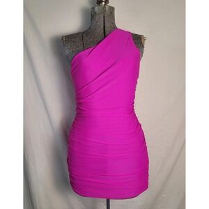 Vintage 90s Y2K Hollyworld One Shoulder Ruched Hot Pink‎ Bodycon Mini Dress S/M